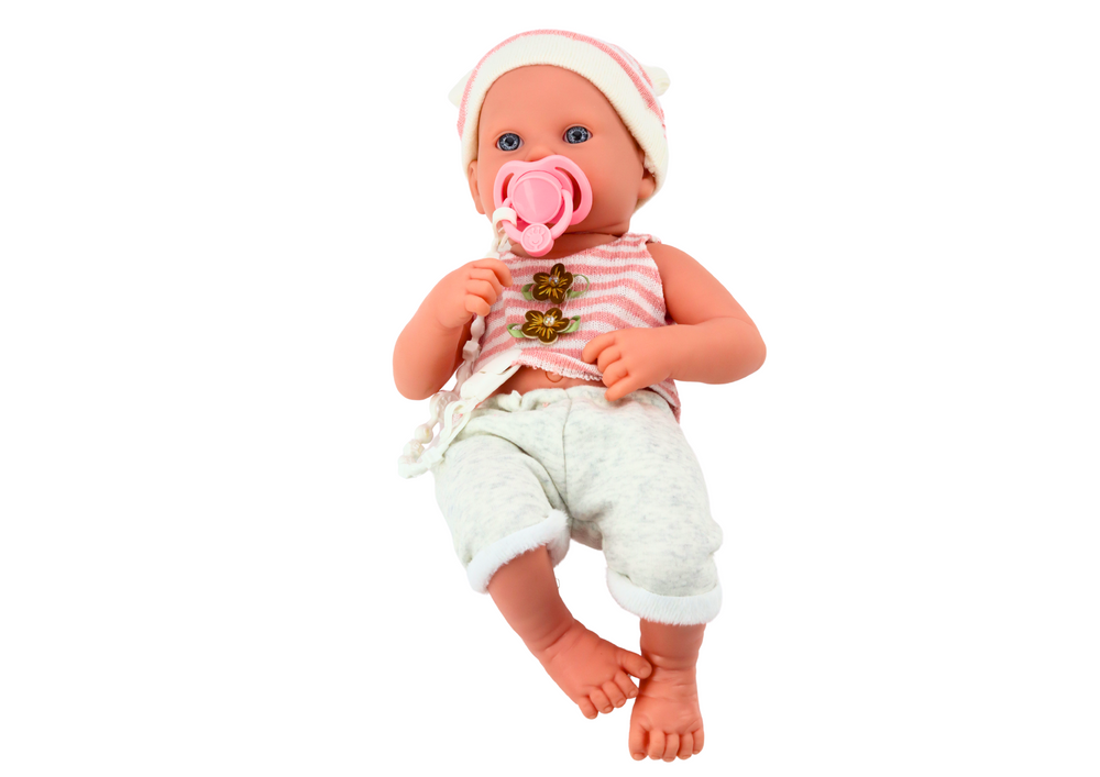 Boneca bebé roupa branca e rosa com chapéu e chupeta