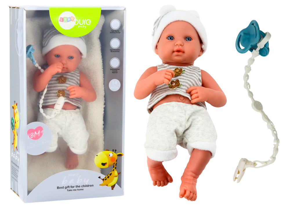 Boneca bebé roupa branca e cinza com manta e chupeta
