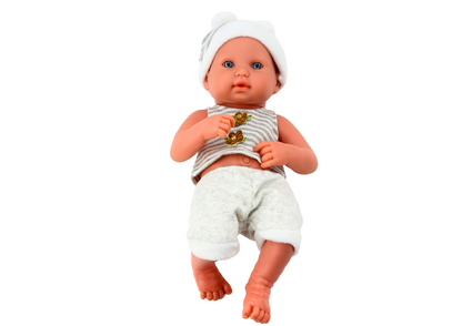 Boneca bebé roupa branca e cinza com manta e chupeta
