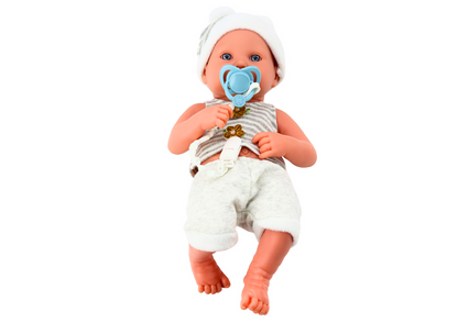 Boneca bebé roupa branca e cinza com manta e chupeta