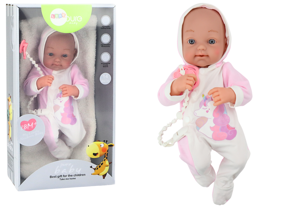 Boneca bebé com body unicórnio rosa acessórios 35 cm