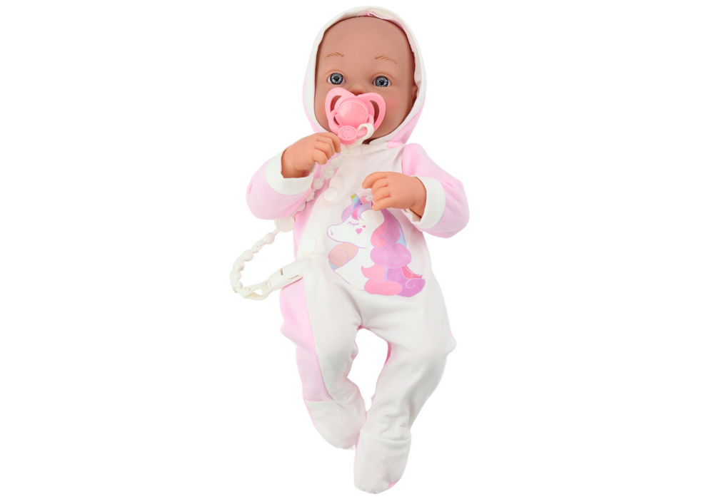 Boneca bebé com body unicórnio rosa acessórios 35 cm