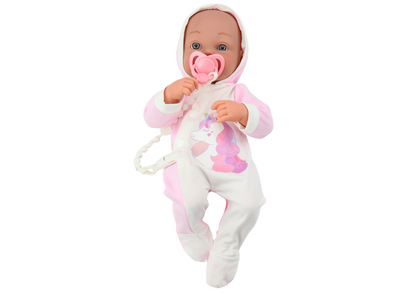 Boneca bebé com body unicórnio rosa acessórios 35 cm