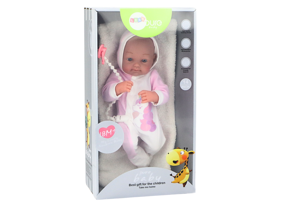 Boneca bebé com body unicórnio rosa acessórios 35 cm