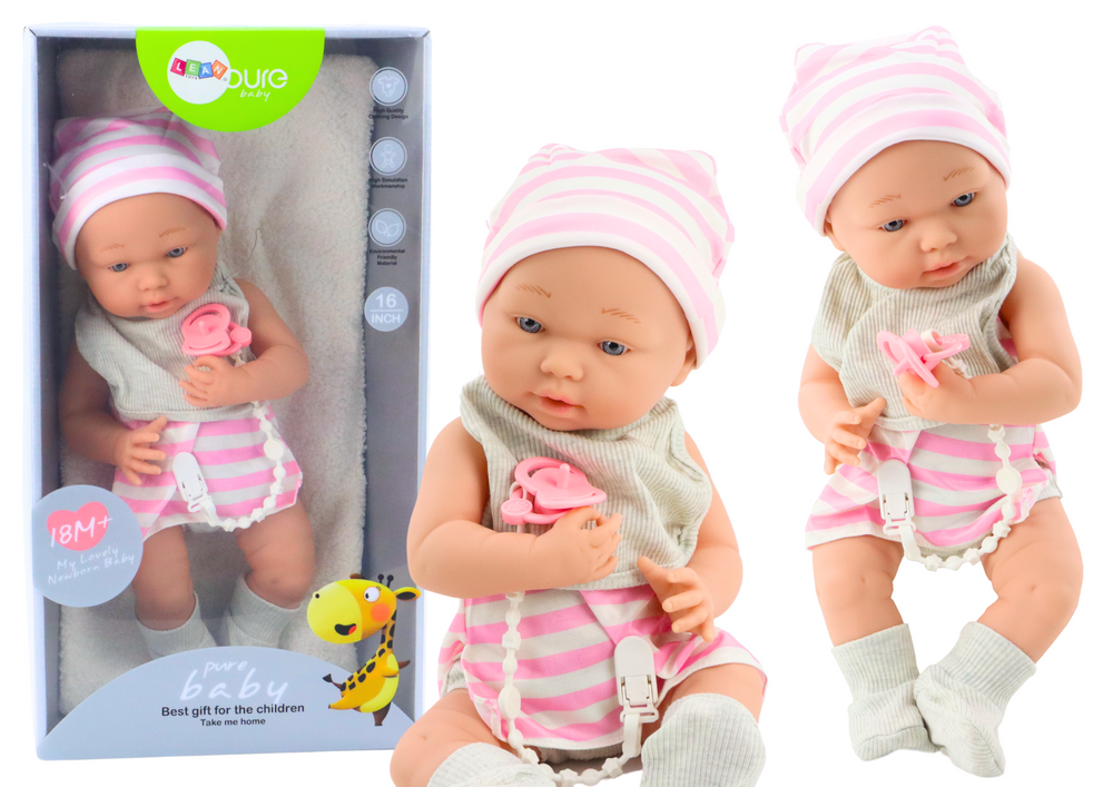 Boneca bebé roupa branca e rosa com babete e manta