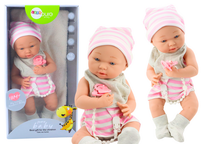 Boneca bebé roupa branca e rosa com babete e manta