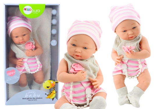 Boneca bebé roupa branca e rosa com babete e manta