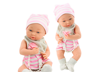 Boneca bebé roupa branca e rosa com babete e manta