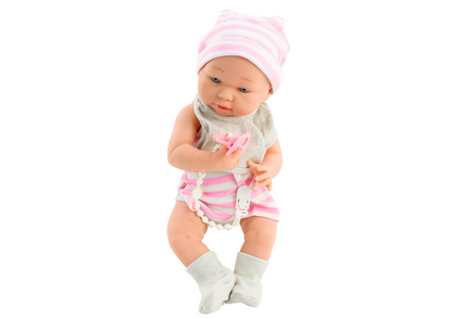 Boneca bebé roupa branca e rosa com babete e manta