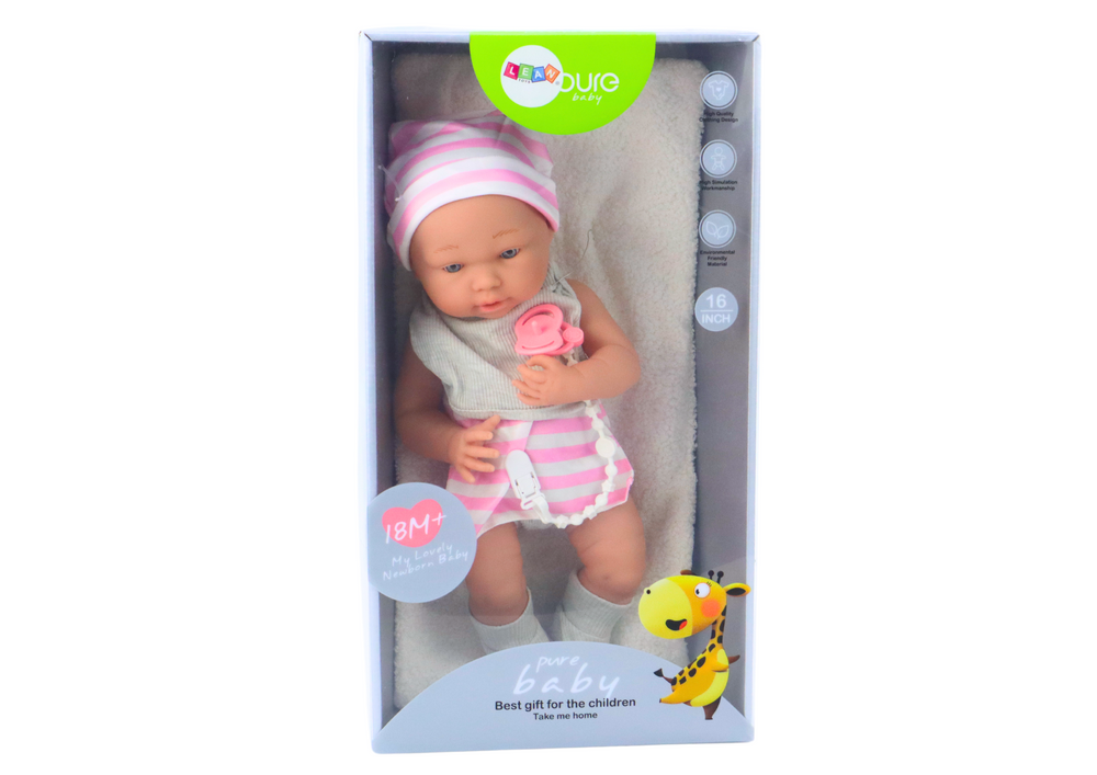 Boneca bebé roupa branca e rosa com babete e manta
