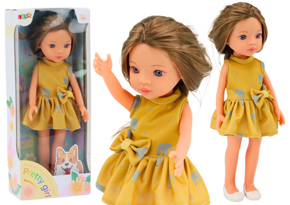 Boneca vestido amarelo cabelo castanho 33 cm