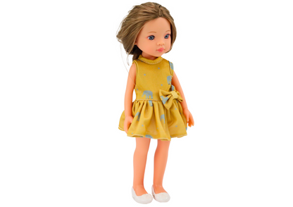 Boneca vestido amarelo cabelo castanho 33 cm