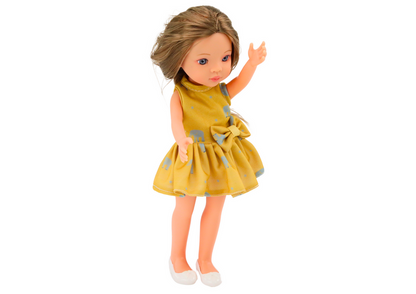 Boneca vestido amarelo cabelo castanho 33 cm