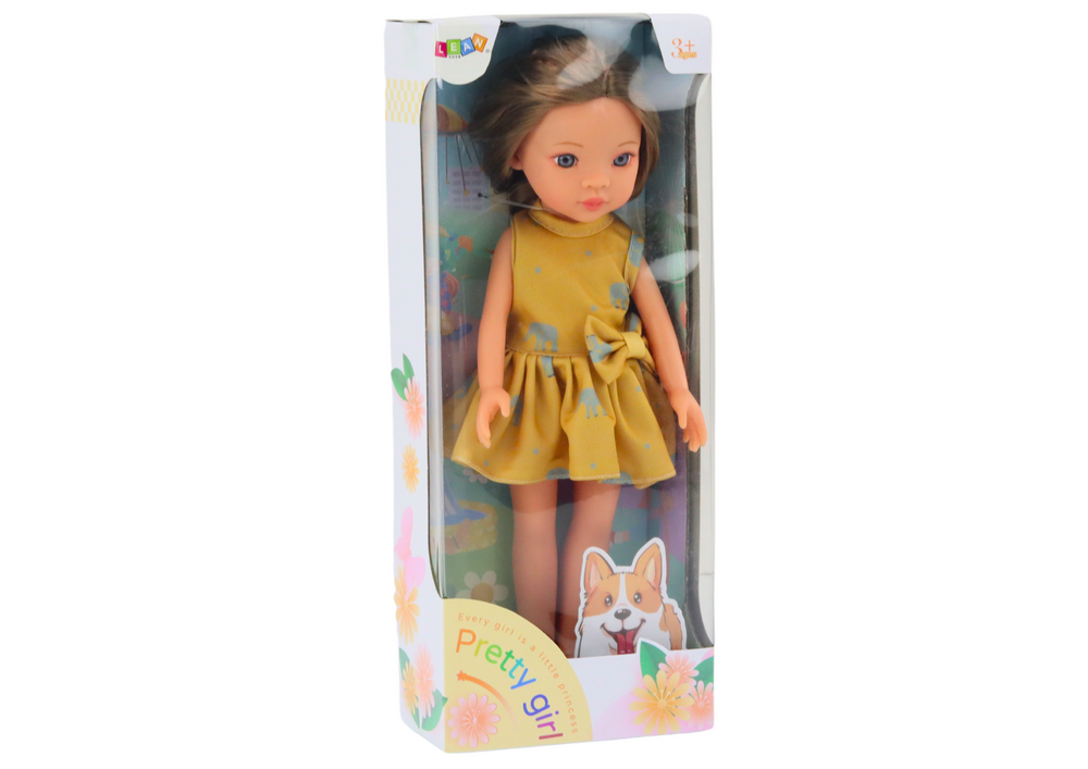 Boneca vestido amarelo cabelo castanho 33 cm
