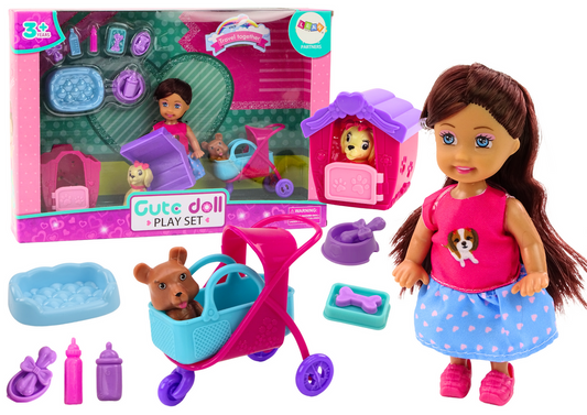 Boneca com cães canil acessórios 16 peças