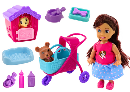 Boneca com cães canil acessórios 16 peças