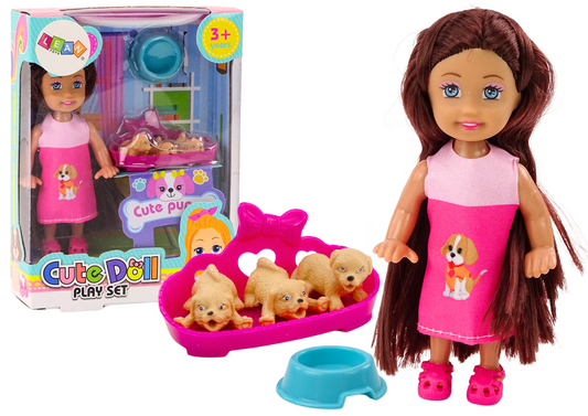 Mini boneca cabelo comprido com cães e cama