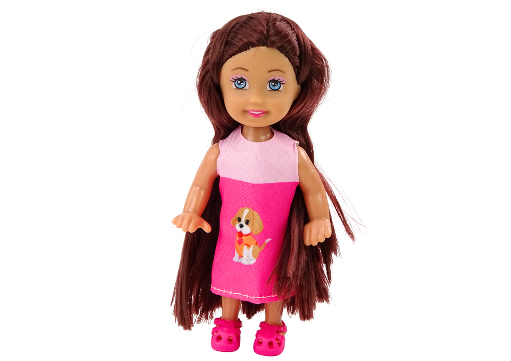 Mini boneca cabelo comprido com cães e cama