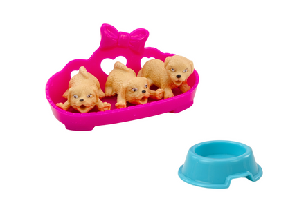 Mini boneca cabelo comprido com cães e cama