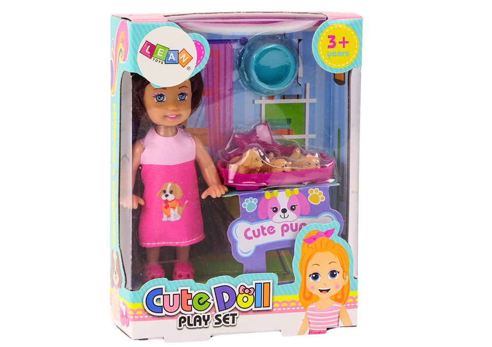 Mini boneca cabelo comprido com cães e cama