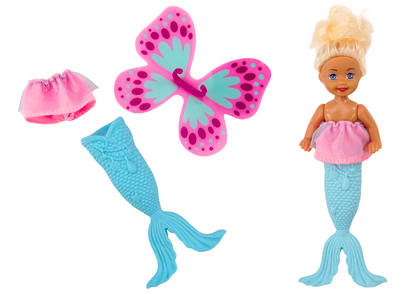Mini boneca sereia fada cauda asas 2 em 1