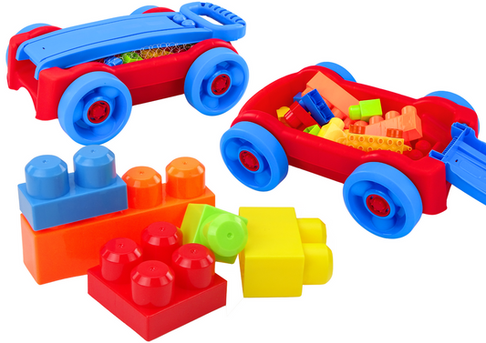 Conjunto blocos em carrinho com rodas azul e vermelho