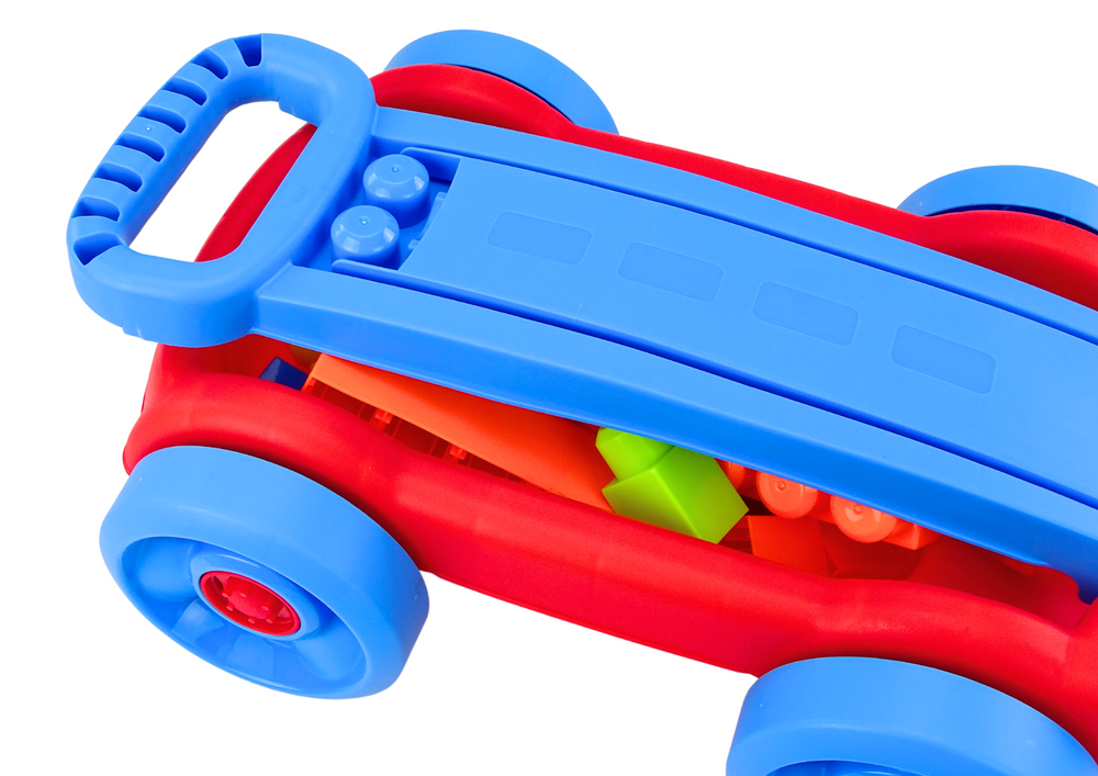 Conjunto blocos em carrinho com rodas azul e vermelho