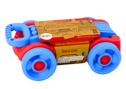 Conjunto blocos em carrinho com rodas azul e vermelho