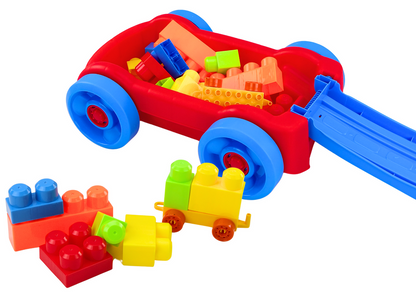 Conjunto blocos em carrinho com rodas azul e vermelho