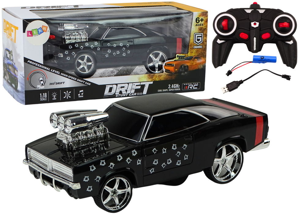Carro RC drift 360 1:18 com luzes e sons preto