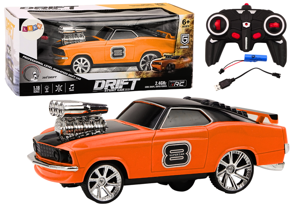 Carro RC drift 360 1:18 com luzes e sons laranja