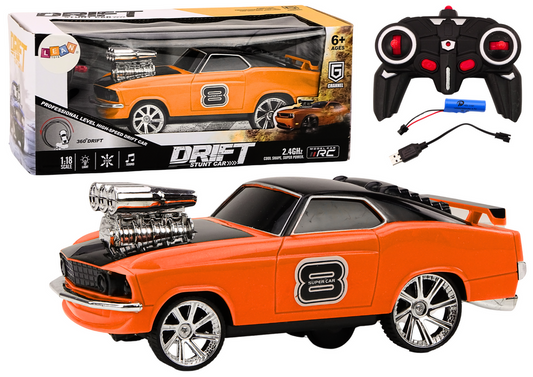 Carro RC drift 360 1:18 com luzes e sons laranja