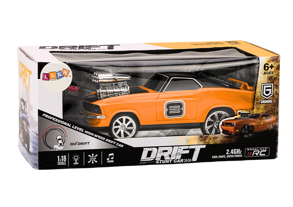 Carro RC drift 360 1:18 com luzes e sons laranja