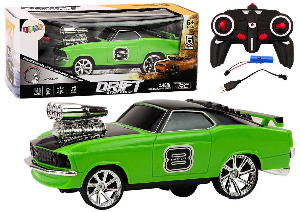 Carro RC drift 360 1:18 com luzes e sons verde