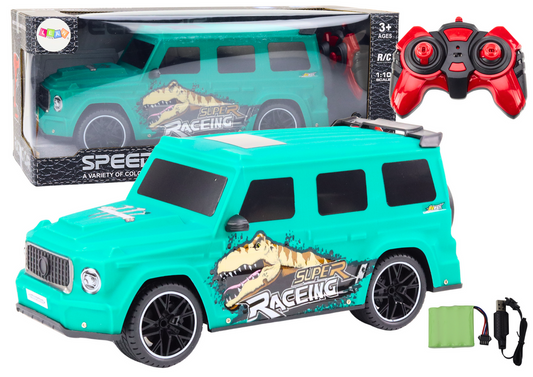 Carro RC 1:10 com dinossauro verde