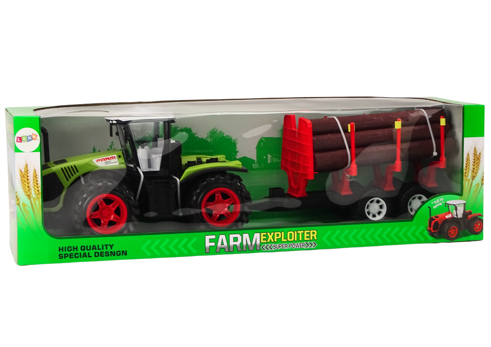 Trator agrícola com reboque madeira árvores verde