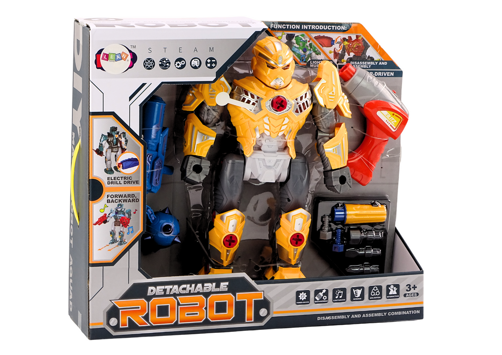 Robot desmontável com berbequim luz e som amarelo