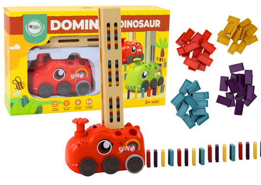 Carro dinossauro a pilhas com dominós vermelho
