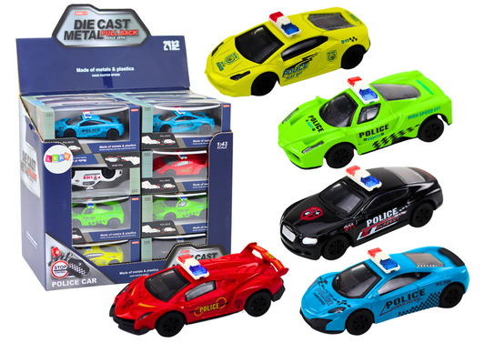 Carro polícia mola 1:43 metal rodas borracha (1 unidade, sortido)