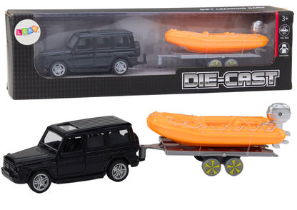 Carro todo-o-terreno preto com reboque barco laranja