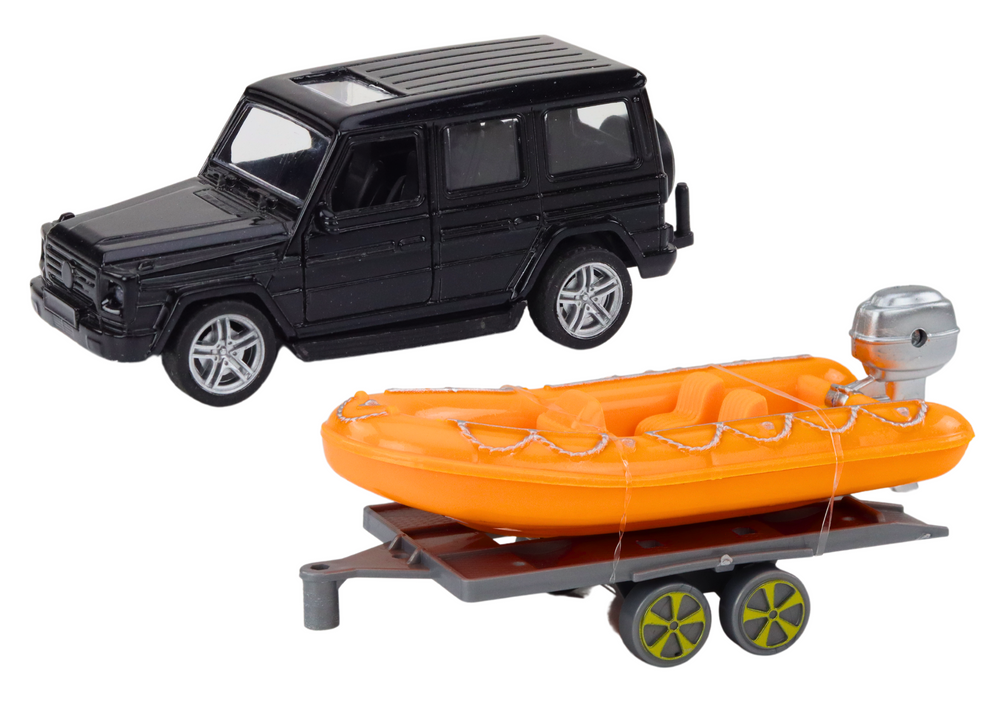 Carro todo-o-terreno preto com reboque barco laranja