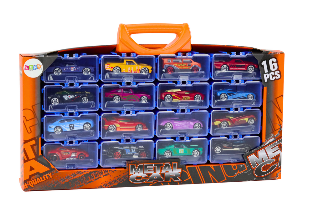 Conjunto carros em mala de metal 16 peças