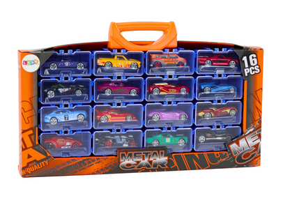 Conjunto carros em mala de metal 16 peças
