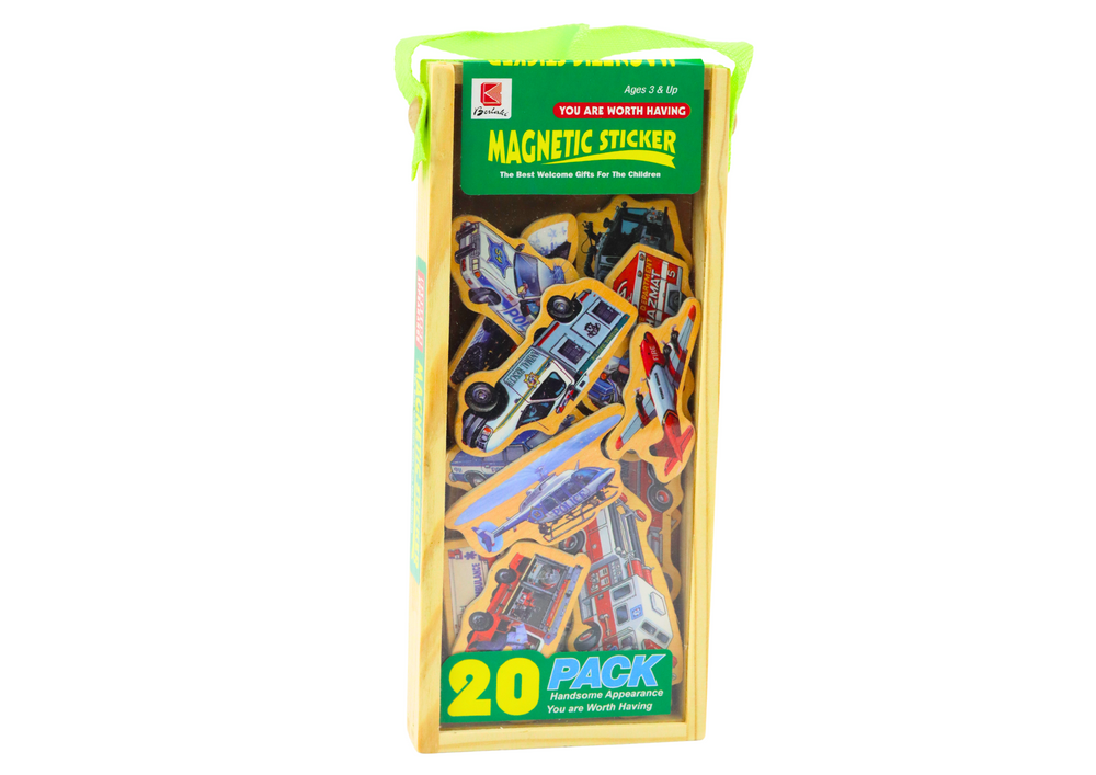 Conjunto ímanes veículos madeira 20 peças