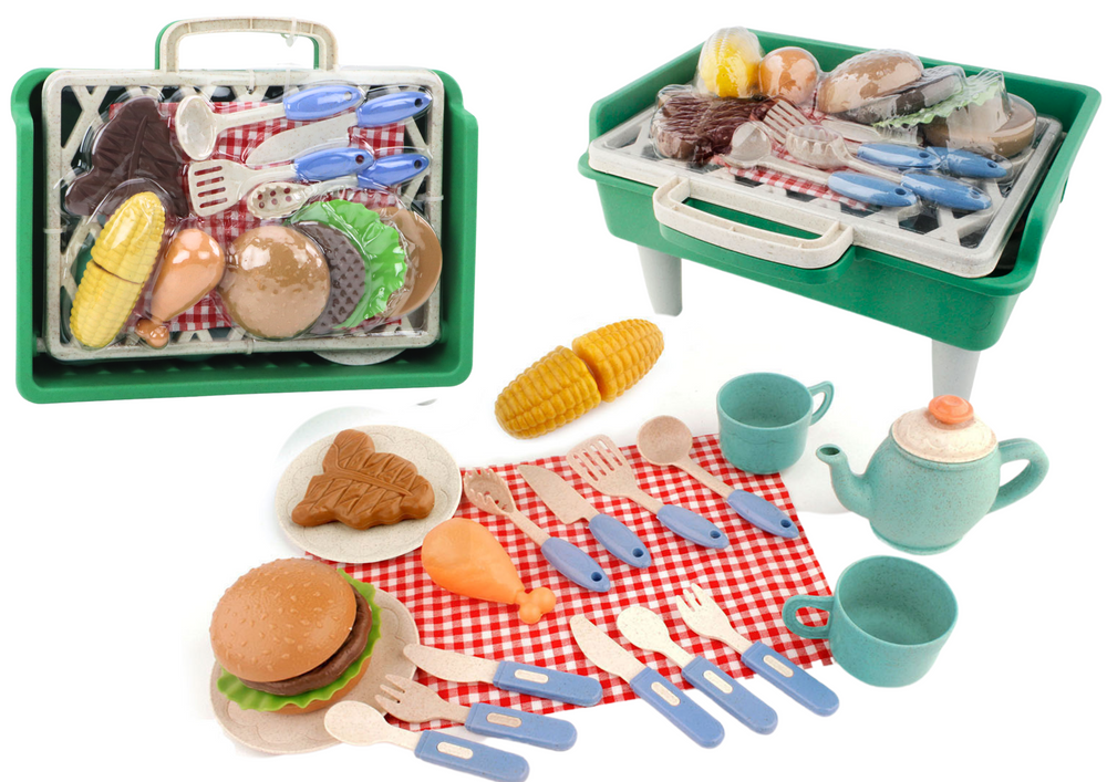 Conjunto churrasco grelhador comida talheres pratos copos
