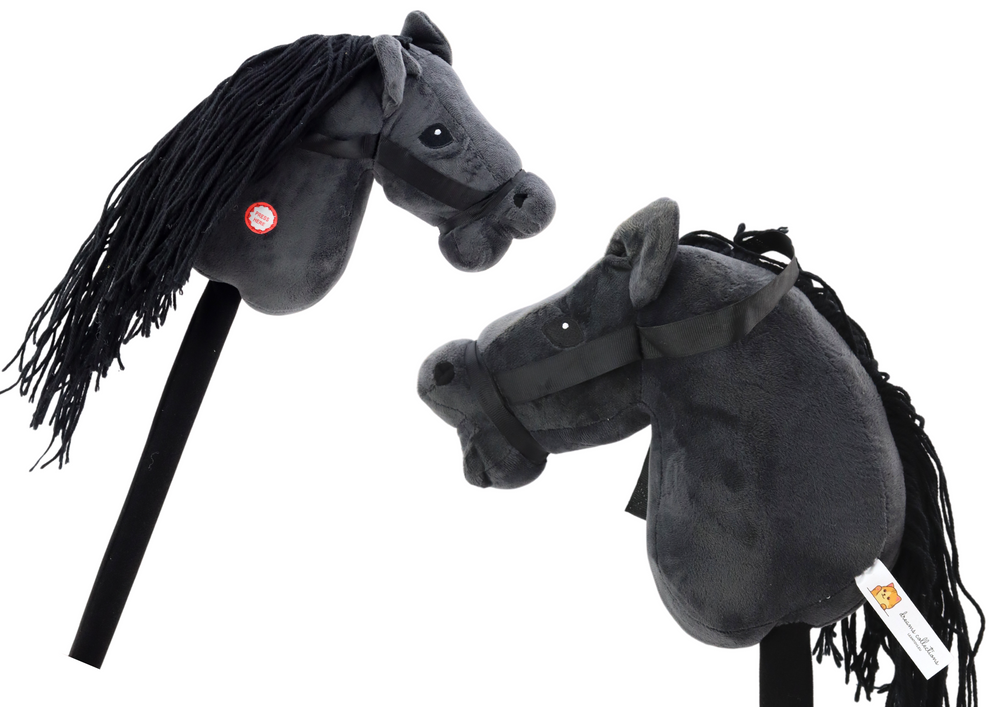 Cavalo de pau com cabeça de peluche preta com som