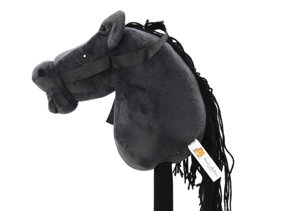 Cavalo de pau com cabeça de peluche preta com som