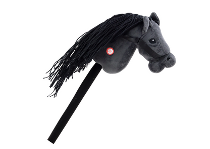 Cavalo de pau com cabeça de peluche preta com som