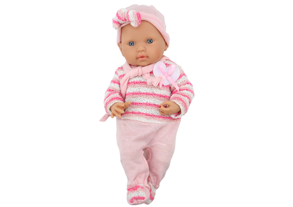 Boneca bebé camisola às riscas chapéu cachecol rosa