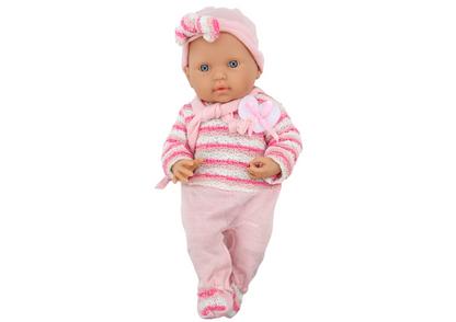 Boneca bebé camisola às riscas chapéu cachecol rosa